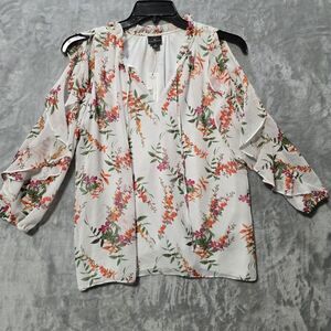 NWT Worthington Blouse Top Womens M White Floral Cold Shoulder Ruffles Flowy